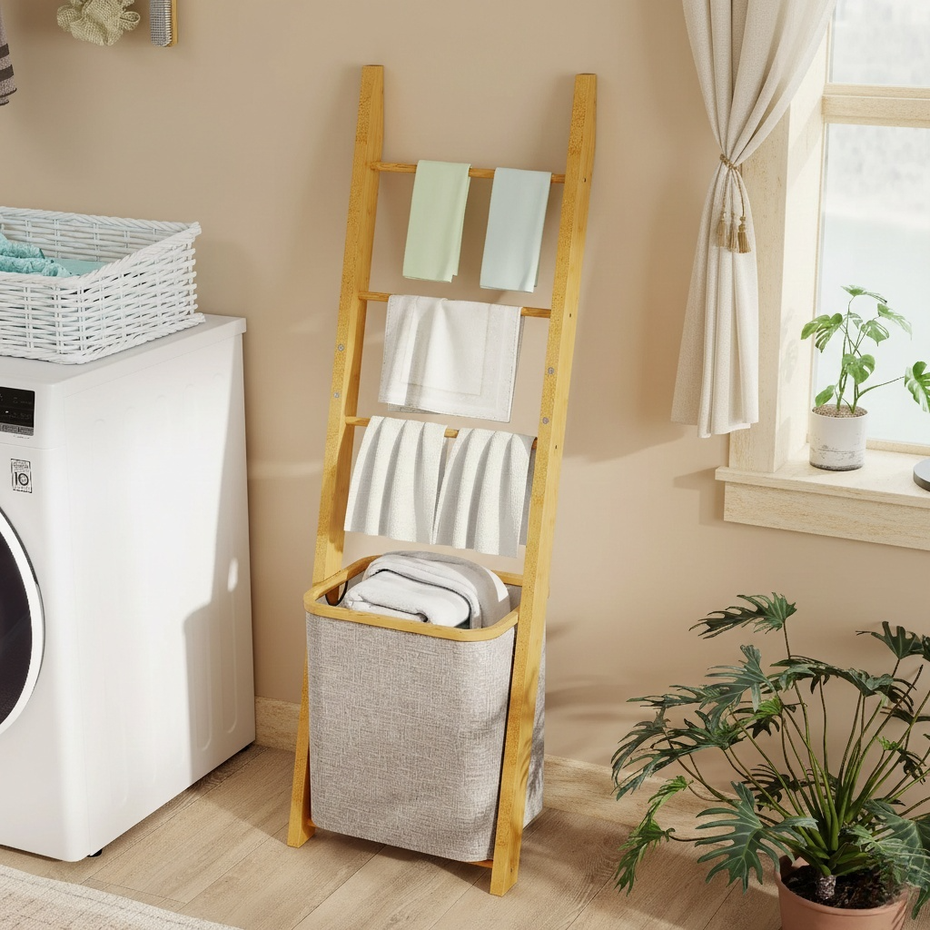 Étagère Échelle en Bambou et Panier à Linge