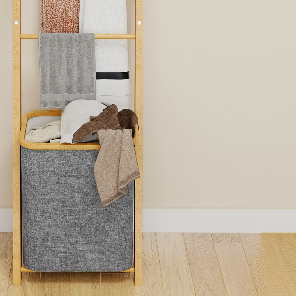 Étagère Échelle en Bambou et Panier à Linge