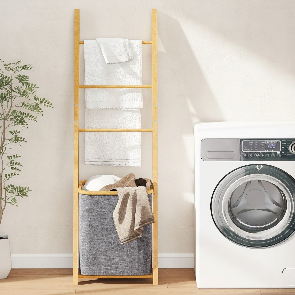 Étagère Échelle en Bambou et Panier à Linge
