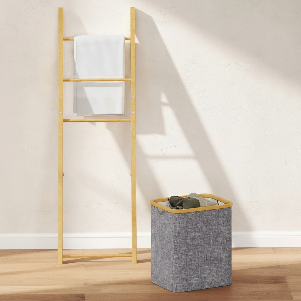 Étagère Échelle en Bambou et Panier à Linge