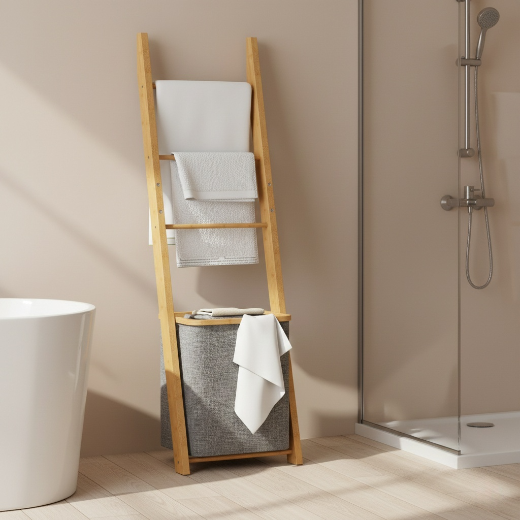 Étagère Échelle en Bambou et Panier à Linge